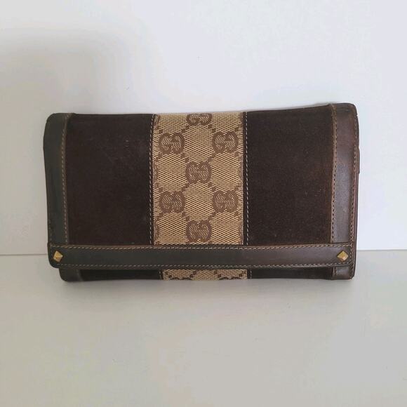 GUCCI Vintage Wallet Bifold Brown Designer Large Retro Clutch Suede - Picture 1 of 13